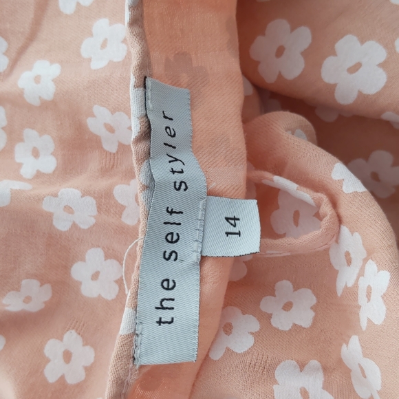 The Self Styler Dress Size 14 Pink White Floral Puff Sleeves Ruffle Tie-up Neck - Picture 13 of 15